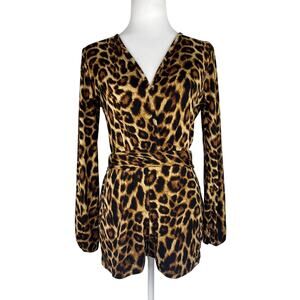 Leopard Print Belted Knit Magia Romper with Baby Bell Sleeves